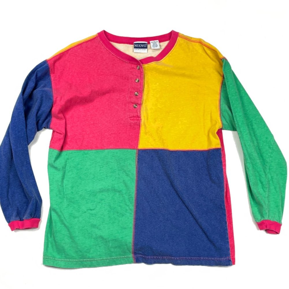 90s Colorblock Reverse Seam Henley Shirt Colorful